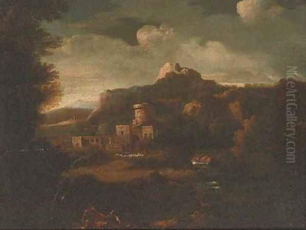A classical landscape with a figure and dog resting on a track - view 1