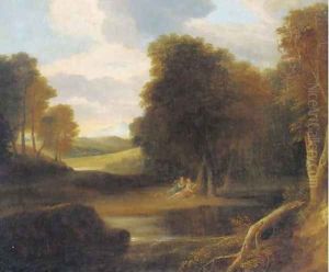 A classical landscape with nymphs reclining by a tree
