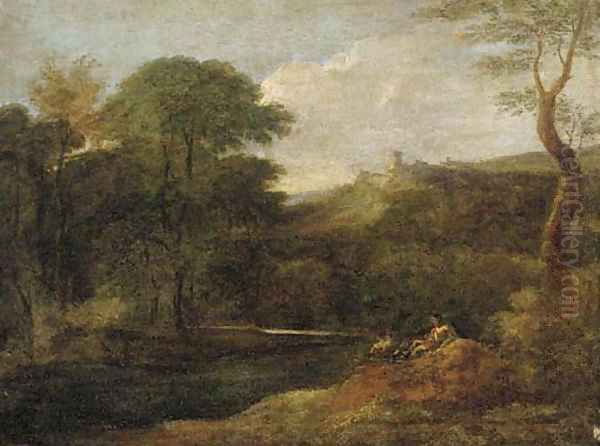 A river landscape with figures by a stream, a hilltop fort beyond - view 1