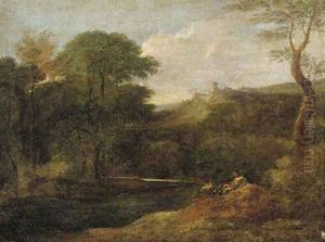 A river landscape with figures by a stream, a hilltop fort beyond