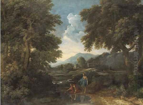 A wooded landscape with classical figures by a river - view 1
