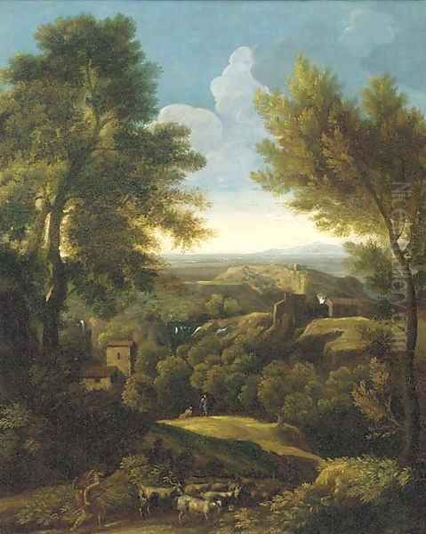 An extensive wooded landscape with a shepherd and his flock on a path - view 1