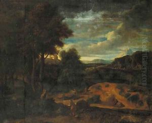 An Italianate landscape at sunset with shepherds in the foreground