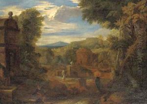 A capriccio of classical buildings in a landscape, figures in the foreground by Gaspard Dughet