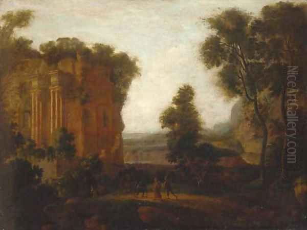 A classical Italianate landscape with travellers and a donkey on a track - view 1