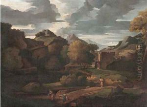 An Italianate landscape with figures on a path, classical buildings beyond by Gaspard Dughet