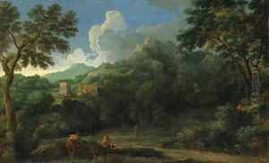 An Italianate Landscape with Figures, a village beyond by Gaspard Dughet