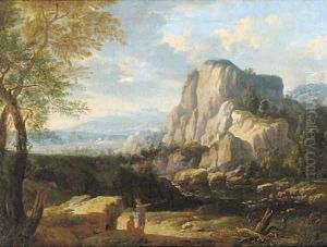 An Italianate landscape with travellers at halt by a river