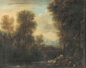 An Italianate river landscape with a drover and his cattle resting on a river bank, other figures beyond