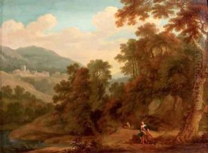 A mountainous wooded landscape with the Ecstasy of Saint Francis