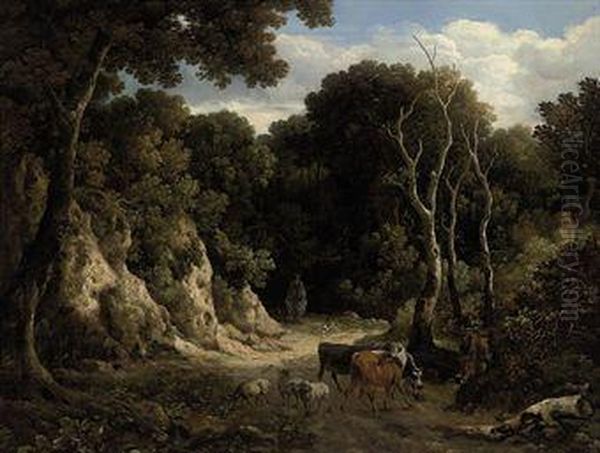 A Wooded Landscape With Cattle And Sheep - view 1