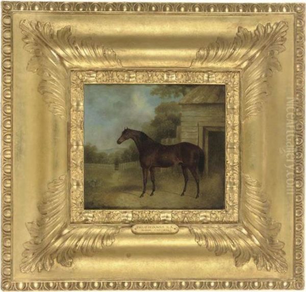A Bay Horse Outside A Stable, In A Landscape - view 1