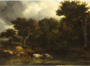 A Landscape With Cattle Crossing A Stream by Philip Reinagle