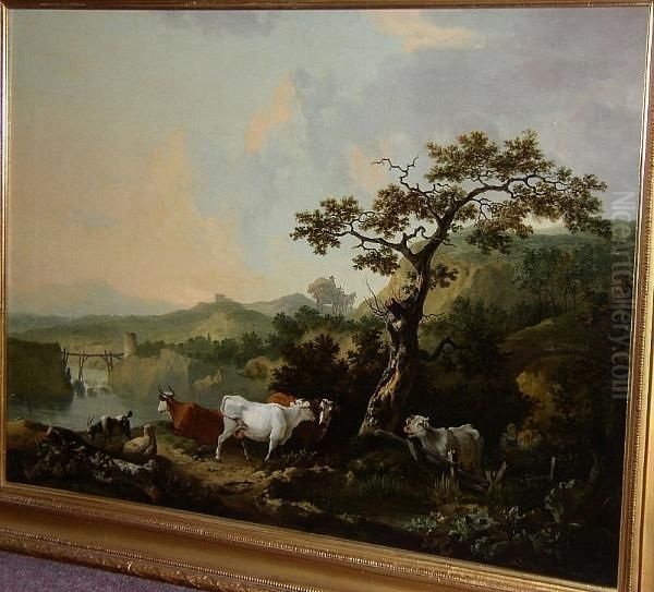 A Pastoral Scene With Cattle, A 
Sheep And A Goat Grazing By A River, A Lady Seated Listening To A Piper,
 A Traveller With Horse And Cart Beyond, Signed And Dated 'p. Reinagle 
1784', Oil On Canvas - view 1