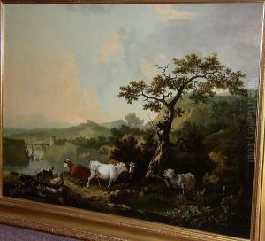 A Pastoral Scene With Cattle, A 
Sheep And A Goat Grazing By A River, A Lady Seated Listening To A Piper,
 A Traveller With Horse And Cart Beyond, Signed And Dated 'p. Reinagle 
1784', Oil On Canvas by Philip Reinagle