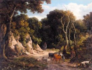 A Wooded Landscape With Cattle And Sheep On A Path With A Herdsman by Philip Reinagle