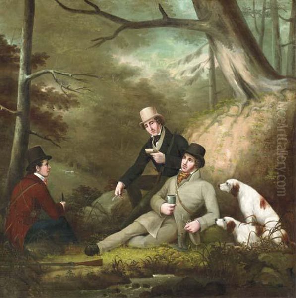 Sportsmen Taking Lunch By A 
Stream, In A Woodland Setting; Asportsman Out Shooting With His Spaniels
 In The Woods - view 1