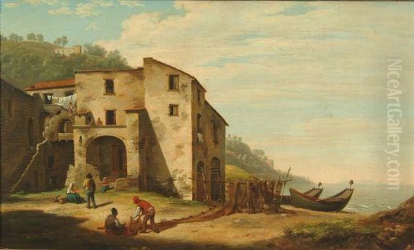 Drying The Nets Off An Italian Coast, Signed And Dated 1801 - view 1