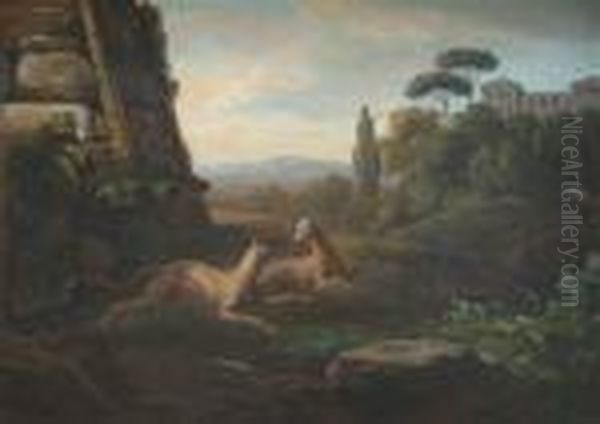 Pair Ofgreyhounds Running In An Arcadian Landscape - view 1