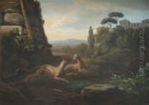 Pair Ofgreyhounds Running In An Arcadian Landscape by Philip Reinagle