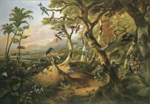 Exotic Birds And Insects Among Trees