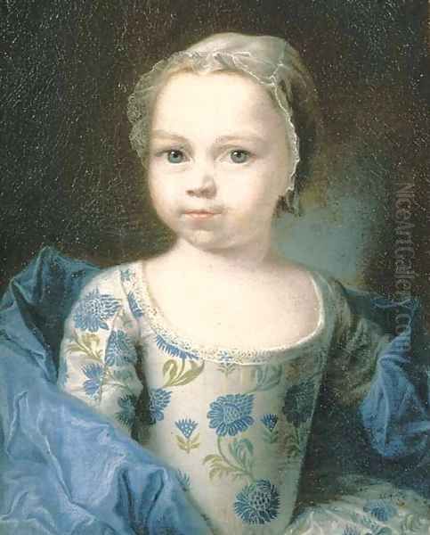 Portrait of a young girl, small half-length, in a white silk dress with a blue floral pattern and a blue silk shawl, with a lace headdress - view 1