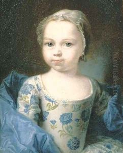 Portrait of a young girl, small half-length, in a white silk dress with a blue floral pattern and a blue silk shawl, with a lace headdress by Francois-Hubert Drouais