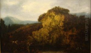 A Rocky Landcape With A Huntsman And Two Gundogs