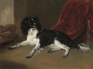 A King Charles Spaniel By A Fireplace, A Red Curtain Beyond by Ramsay Richard Reinagle