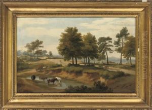An Extensive Wooded River Landscape With Cattle Watering, Figureson A Path Beyond by Ramsay Richard Reinagle