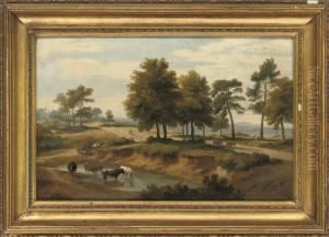 An Extensive Wooded River Landscape With Cattle Watering, Figures On A Path Beyond by Ramsay Richard Reinagle