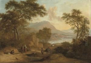 An Alpine River Landscape With Figures On A Track In The Foreground, A Town Beyond by Ramsay Richard Reinagle