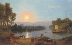 An Extensive River Landscape, 
With Figures And Cattle In Theforeground, Possibly On The River Thames 
Looking From Petershammeadows Towards Richmond Bridge by Ramsay Richard Reinagle