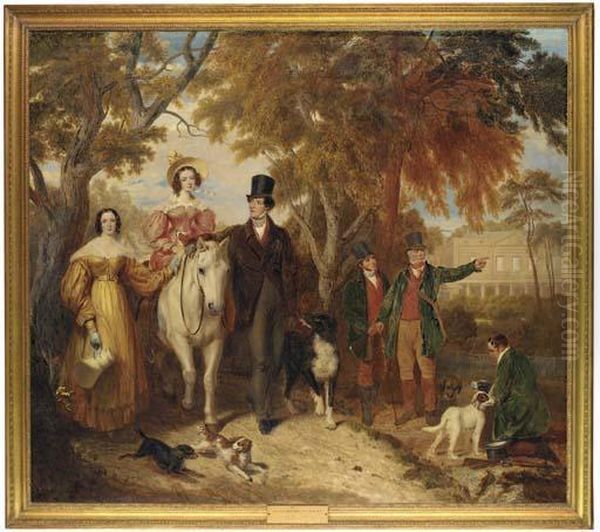 Group Portrait Of Edward Vernon,
4th Baron Suffield, His Wife,charlotte Susannah, Lady Suffield, Seated
On A White Pony, And Hissister, Georgiana Mary, With Game Keepers And
Dogs, Gunton Parkbeyond - view 1