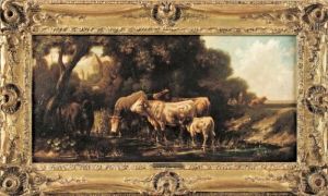 Kuhe An Der Tranke Vorm Dorf In Sommerlandschaft by Louis, Ludwig Reinhardt
