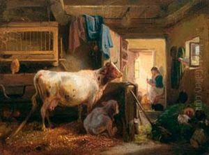 Idyllisches Stallinterieur Mit Kuhen Und Huhnern by Louis, Ludwig Reinhardt