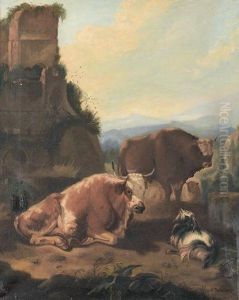 Zwei Kuhe Und Eine Ziege In Italienischer Landschaft. by Louis, Ludwig Reinhardt