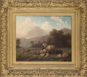 Sheep Grazing, A Mountainous Landscape Beyond