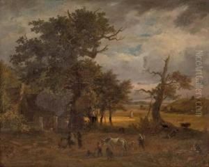 Figurales Treiben Vor Landgehoft Und Ausblick In Landschaft