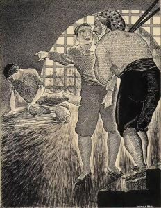 Men Entering Dungeon As Prisoner Stirs. by Winold Reiss