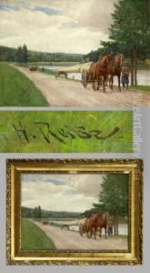 "pferdefuhrwerke Mit Baumstammen" In Weiter Fluslandschaft by Hermann Reisz