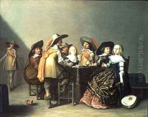 Interior with ladies and gentlemen playing cards by Mijnerts Herman Doncker