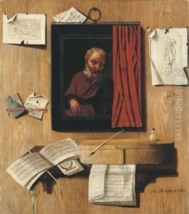 A Trompe-l'oeil With A Partially
Covered Painting Of An Apostle,prints And Letters On A Wall, And
Manuscripts, An Inkwell, Quillpen And Other Objects On A Shelf by Andrea Domenico Remps