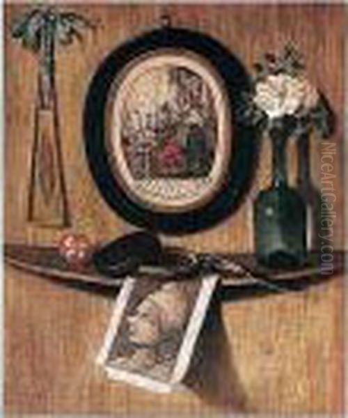 Trompe L'oeil Of Prints, A Fan, A
 Rose In A Wine Bottle, A Knife, A Pot And A Ball On A Ledge On A Wooden
 Wall - view 1