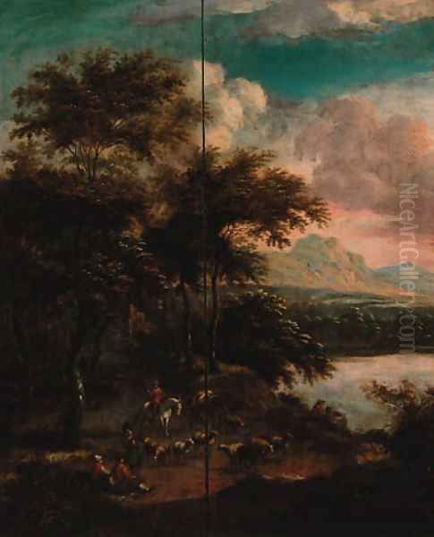 A wooded river landscape with drovers on a track with sheep and fishermen sitting on a bank, a mountainous landscape beyond - view 1
