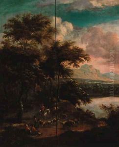 A wooded river landscape with drovers on a track with sheep and fishermen sitting on a bank, a mountainous landscape beyond