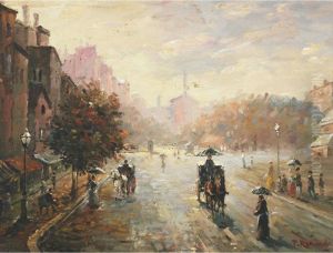 Carriages In The Busy Streets Of Paris by Paul Renard