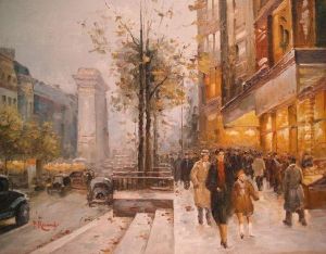Parisian Street Scene With Figures by Paul Renard