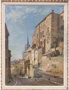 Rue Montante Dans Le Village, Situe Lamotte, Toile, Signee, 56 X 41 Cm by Alfred Renaudin