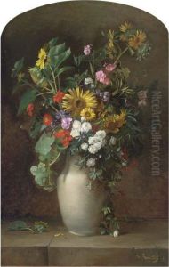 Sunflowers, Roses, And Other Summer Blooms In A Vase On A Stone Ledge by Alfred Renaudin